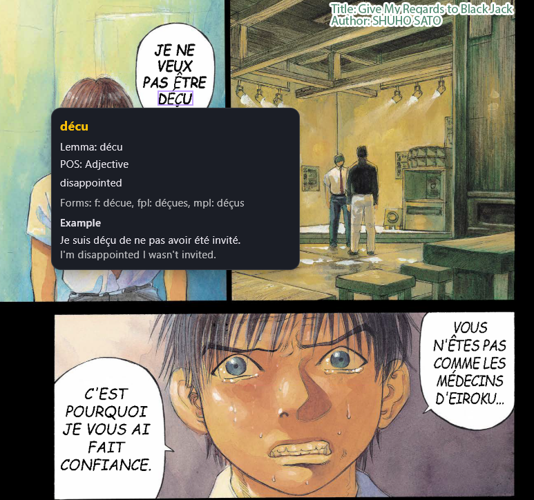 Dictionary card showing word definition and examples